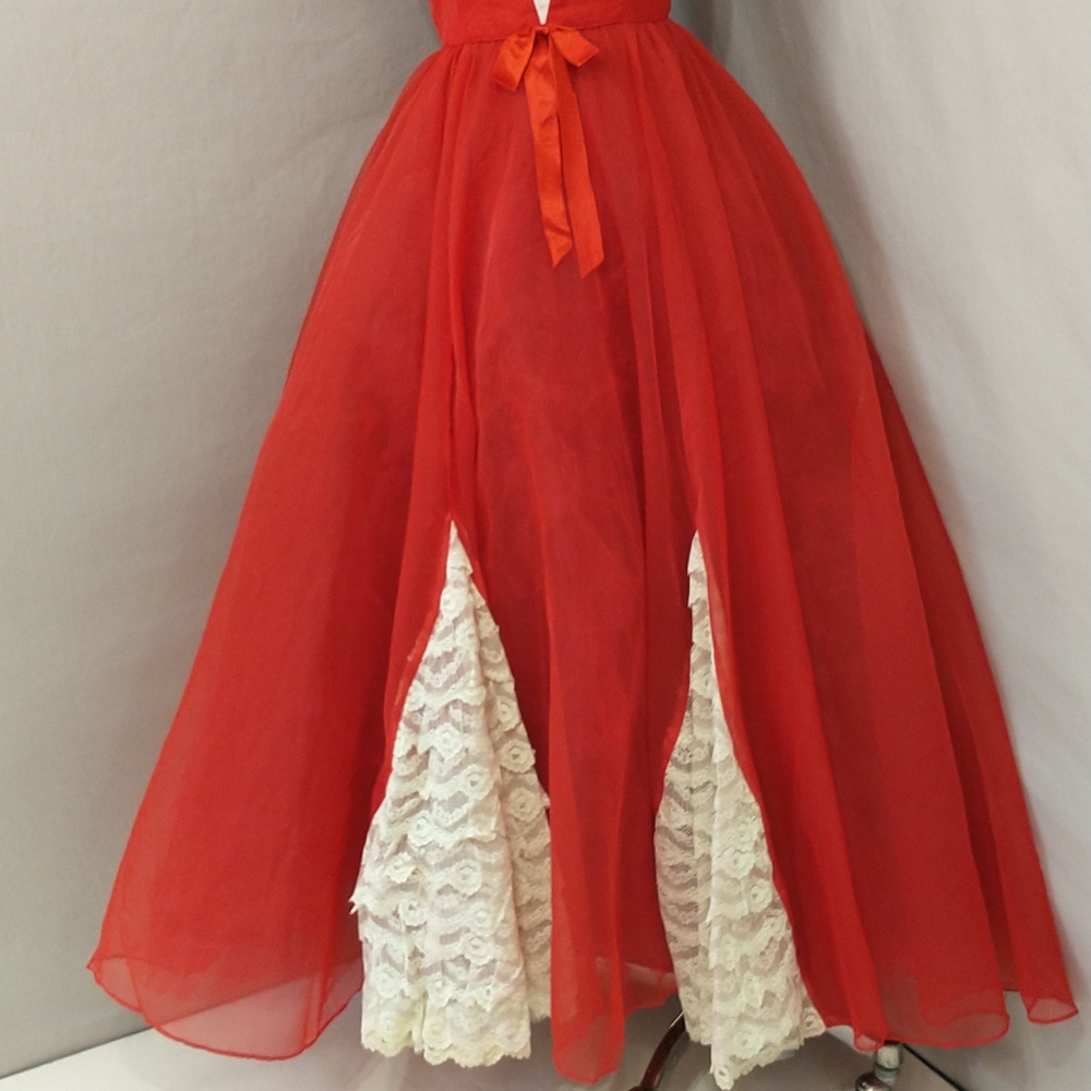 50s 60s Vintage Formal Gown Bright Red Cream Lace Fem Gone With The Wind Style - Picture 3 of 16